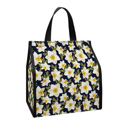 White Daffodil Flower Pattern Print Insulated Lunch Tote