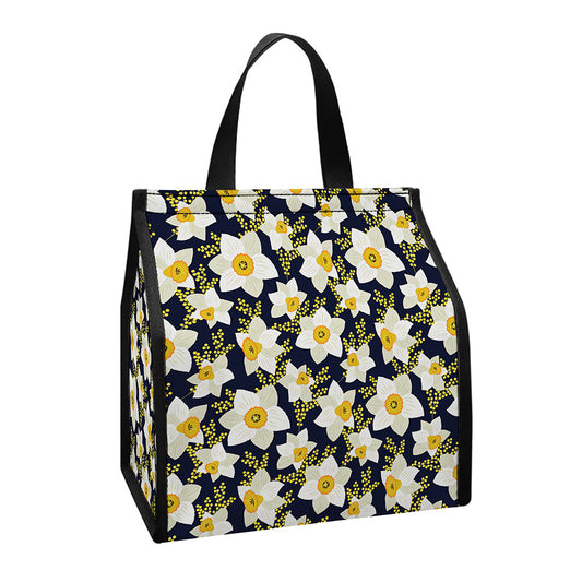 White Daffodil Flower Pattern Print Insulated Lunch Tote