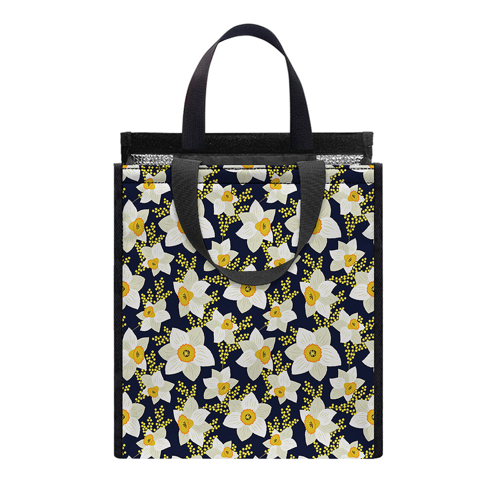 White Daffodil Flower Pattern Print Insulated Lunch Tote