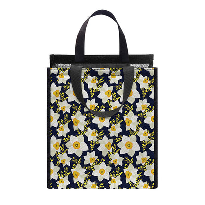 White Daffodil Flower Pattern Print Insulated Lunch Tote