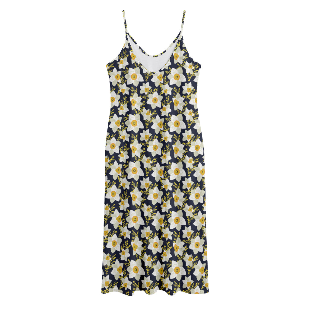 White Daffodil Flower Pattern Print Jersey Midi Cami Dress