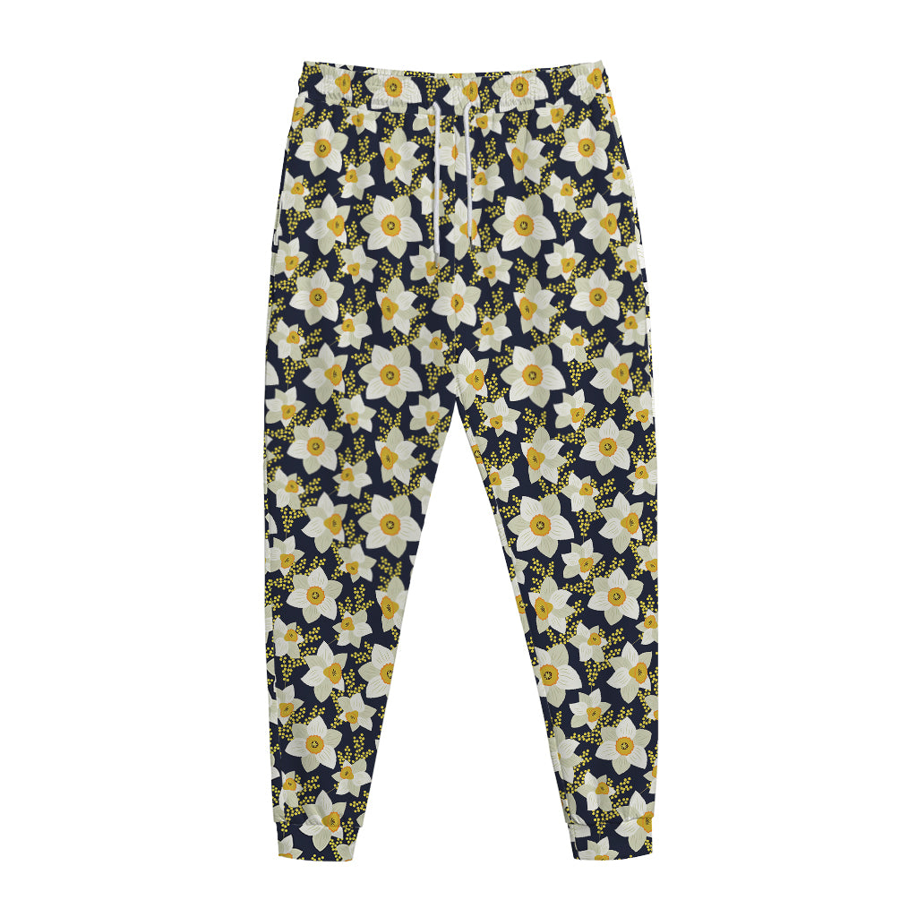 White Daffodil Flower Pattern Print Jogger Pants