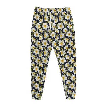 White Daffodil Flower Pattern Print Jogger Pants