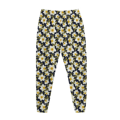 White Daffodil Flower Pattern Print Jogger Pants