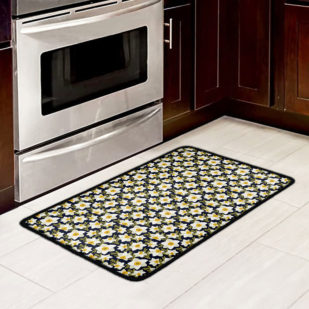 White Daffodil Flower Pattern Print Kitchen Mat