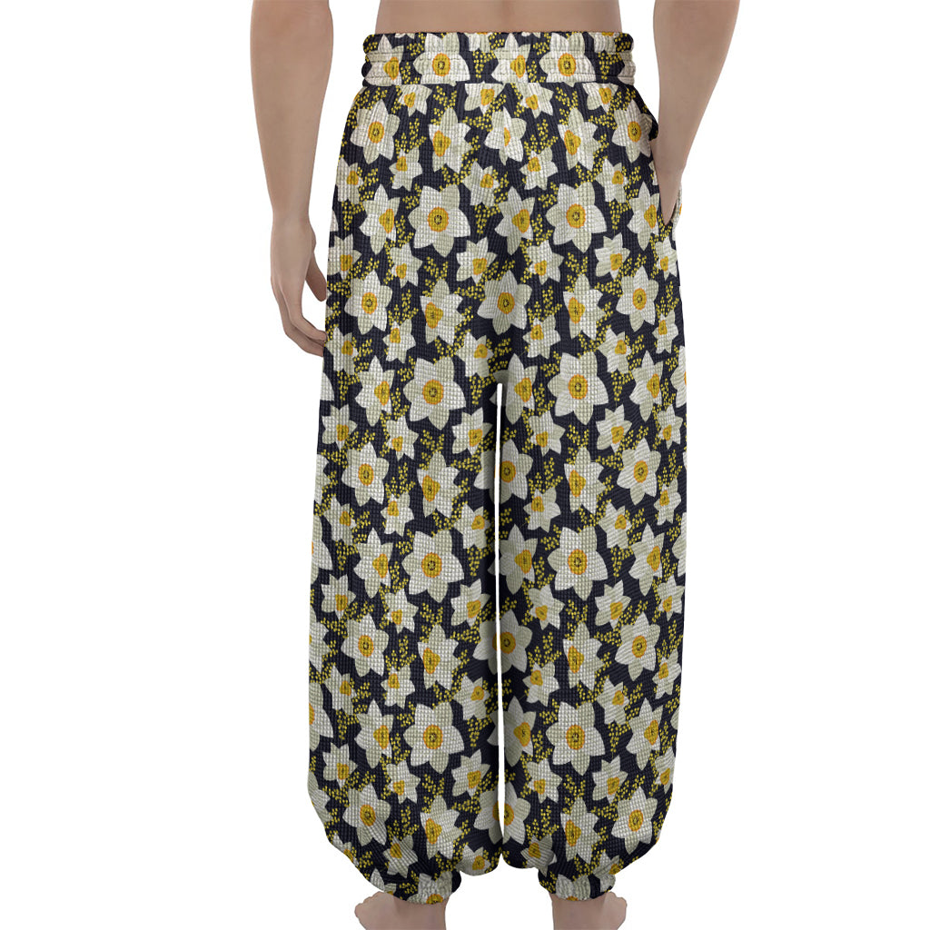 White Daffodil Flower Pattern Print Lantern Pants