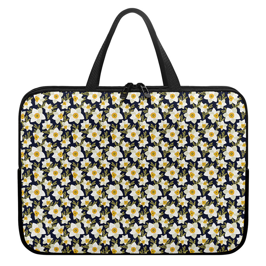 White Daffodil Flower Pattern Print Laptop Sleeve With Handle