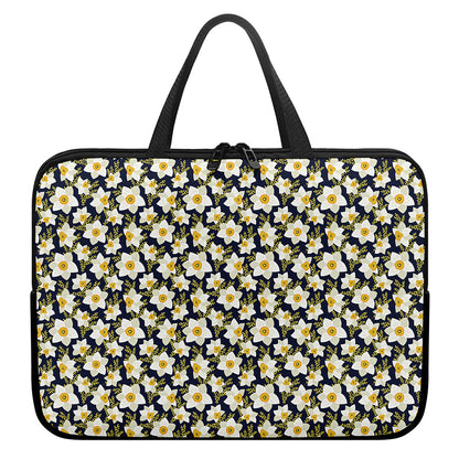 White Daffodil Flower Pattern Print Laptop Sleeve With Handle