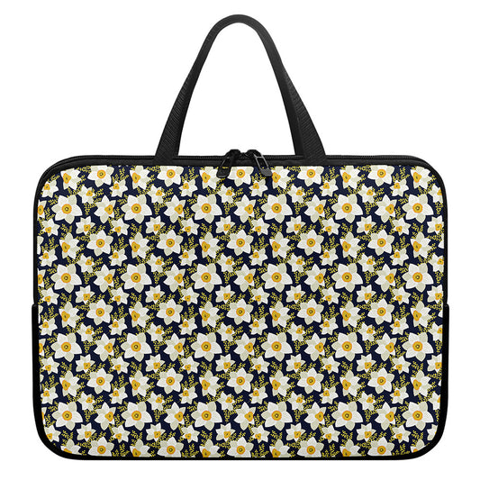 White Daffodil Flower Pattern Print Laptop Sleeve With Handle