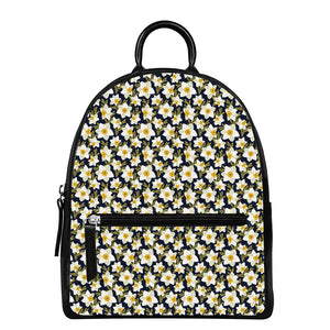 White Daffodil Flower Pattern Print Leather Backpack