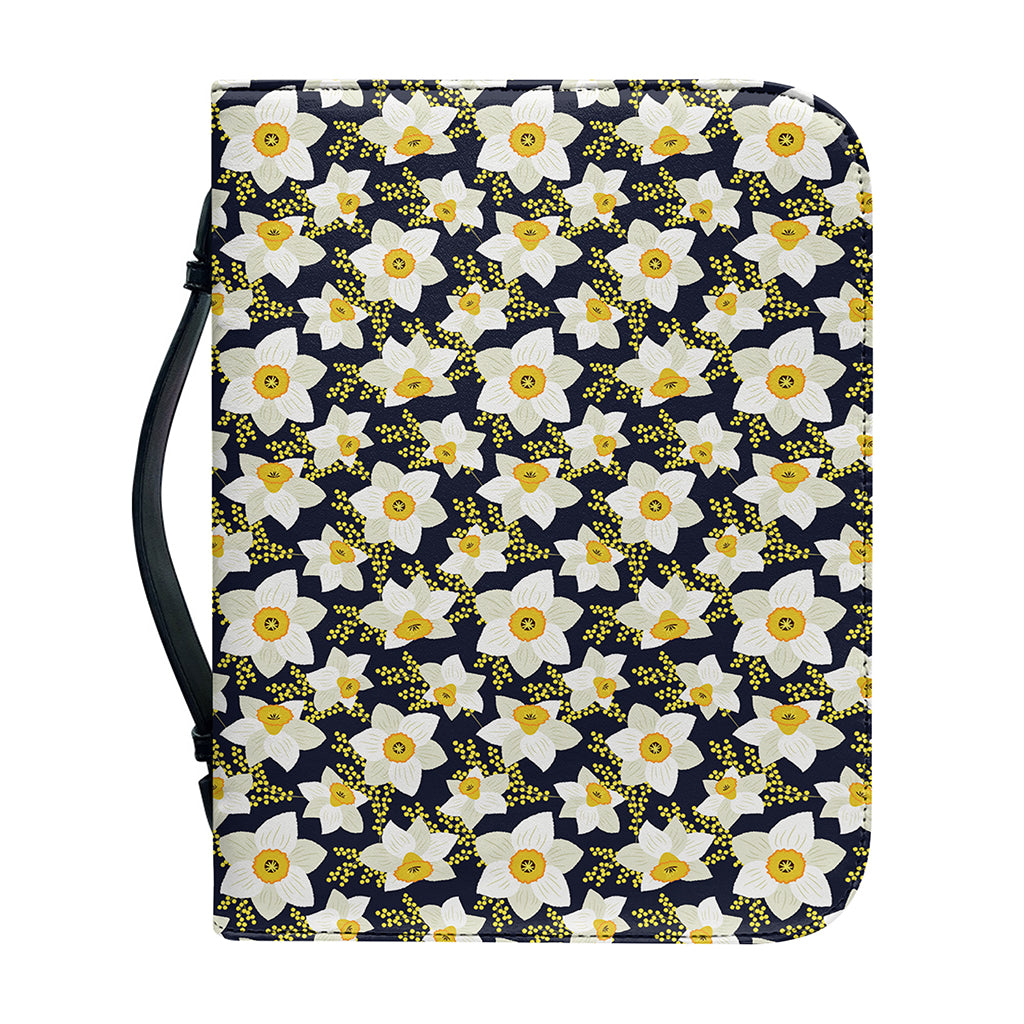 White Daffodil Flower Pattern Print Leather Bible Cover