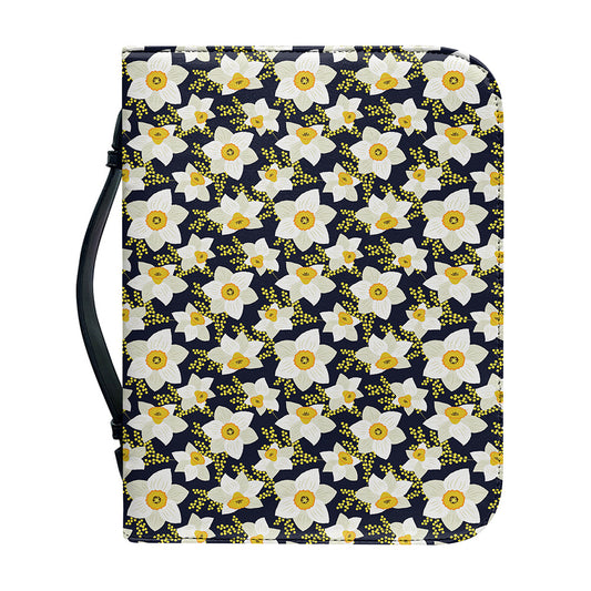 White Daffodil Flower Pattern Print Leather Bible Cover