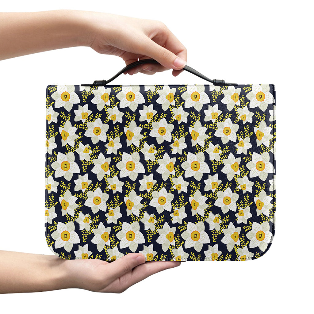 White Daffodil Flower Pattern Print Leather Bible Cover