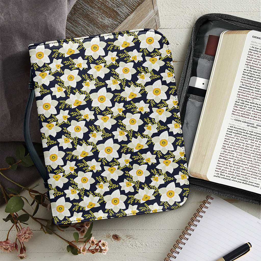 White Daffodil Flower Pattern Print Leather Bible Cover