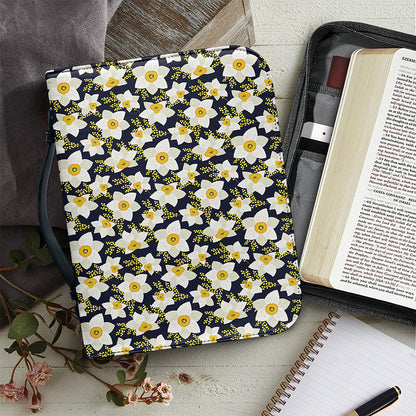White Daffodil Flower Pattern Print Leather Bible Cover