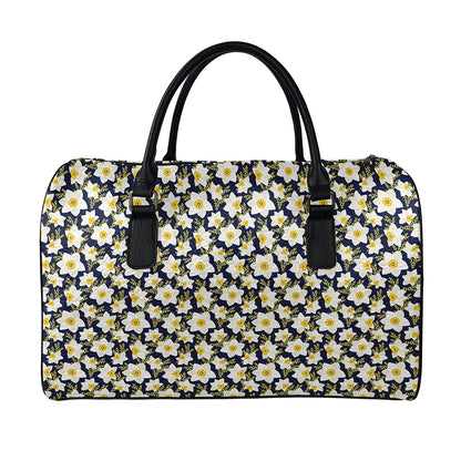 White Daffodil Flower Pattern Print Leather Duffle Bag