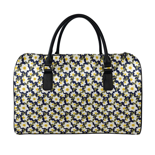 White Daffodil Flower Pattern Print Leather Duffle Bag