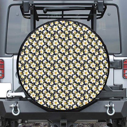 White Daffodil Flower Pattern Print Leather Spare Tire Cover