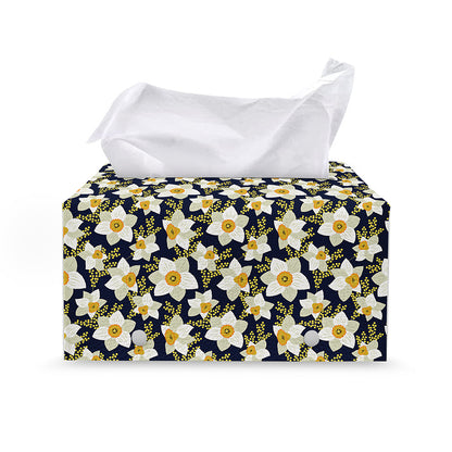 White Daffodil Flower Pattern Print Leather Tissue Box Cover