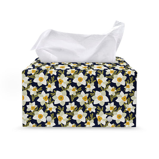 White Daffodil Flower Pattern Print Leather Tissue Box Cover