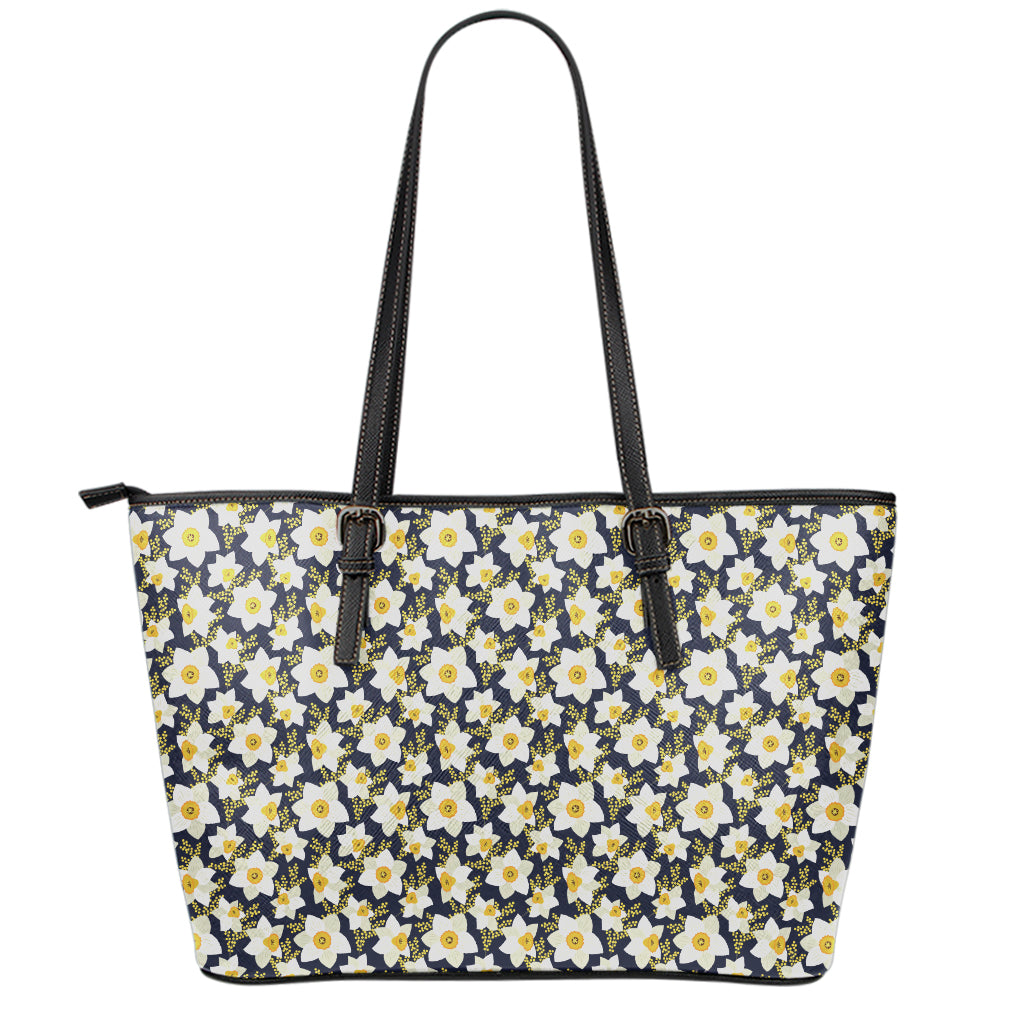 White Daffodil Flower Pattern Print Leather Tote Bag