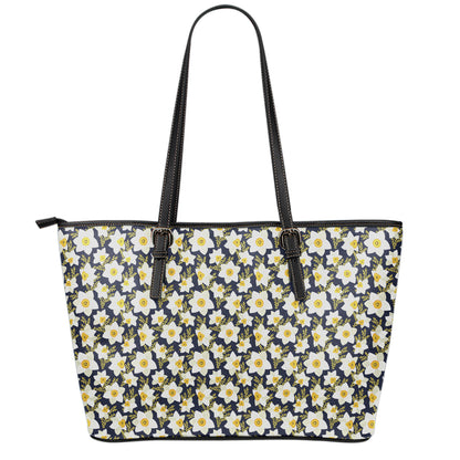 White Daffodil Flower Pattern Print Leather Tote Bag