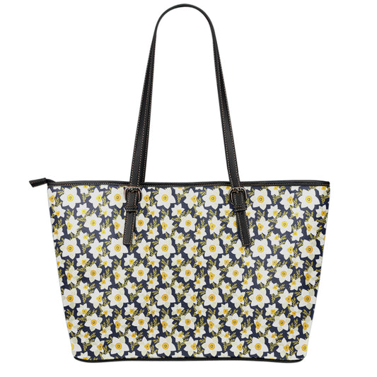 White Daffodil Flower Pattern Print Leather Tote Bag