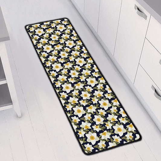 White Daffodil Flower Pattern Print Long Kitchen Mat