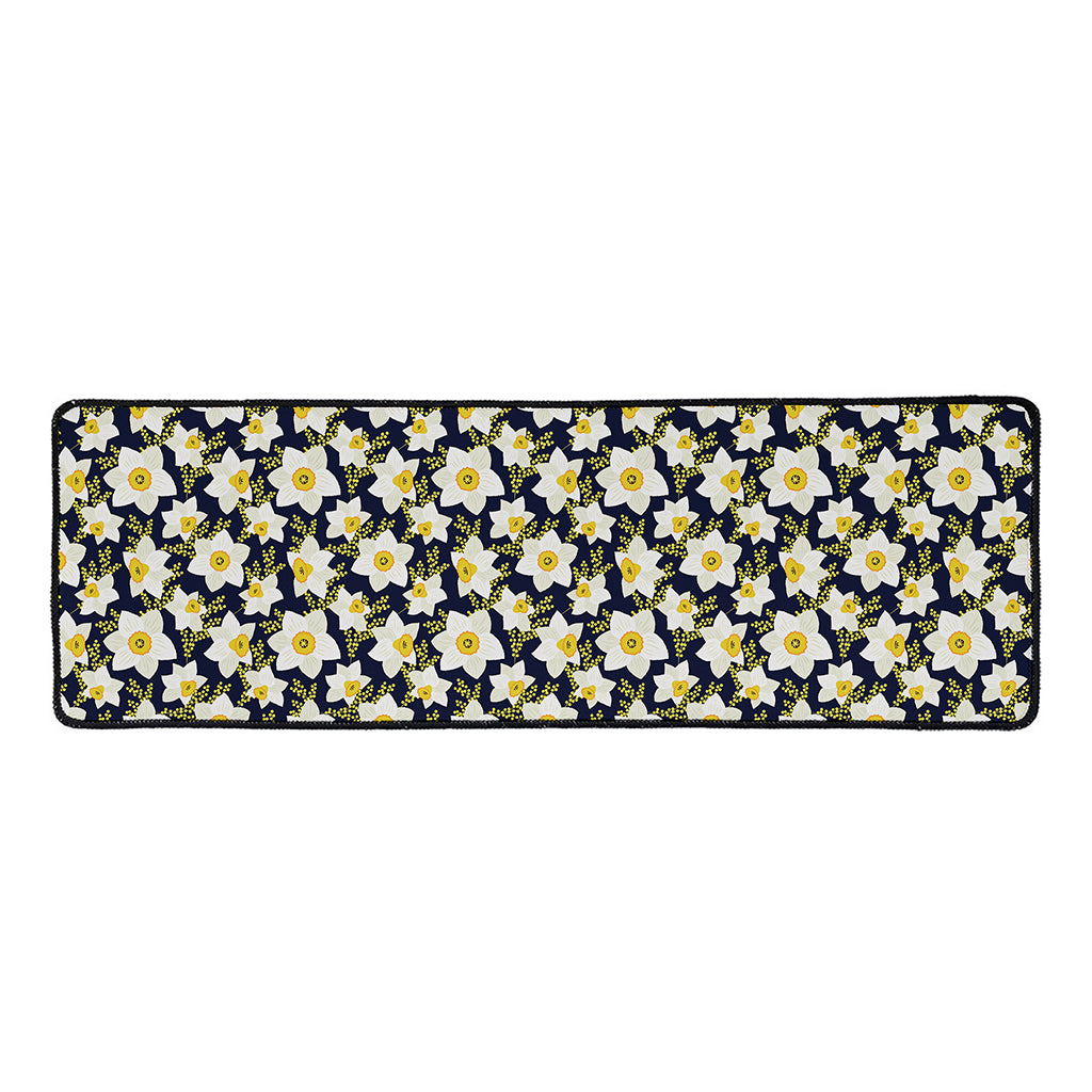 White Daffodil Flower Pattern Print Long Kitchen Mat