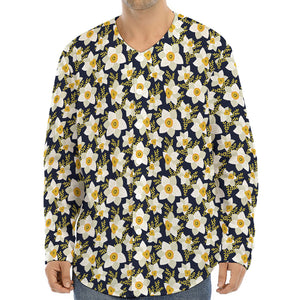 White Daffodil Flower Pattern Print Long Sleeve Baseball Jersey