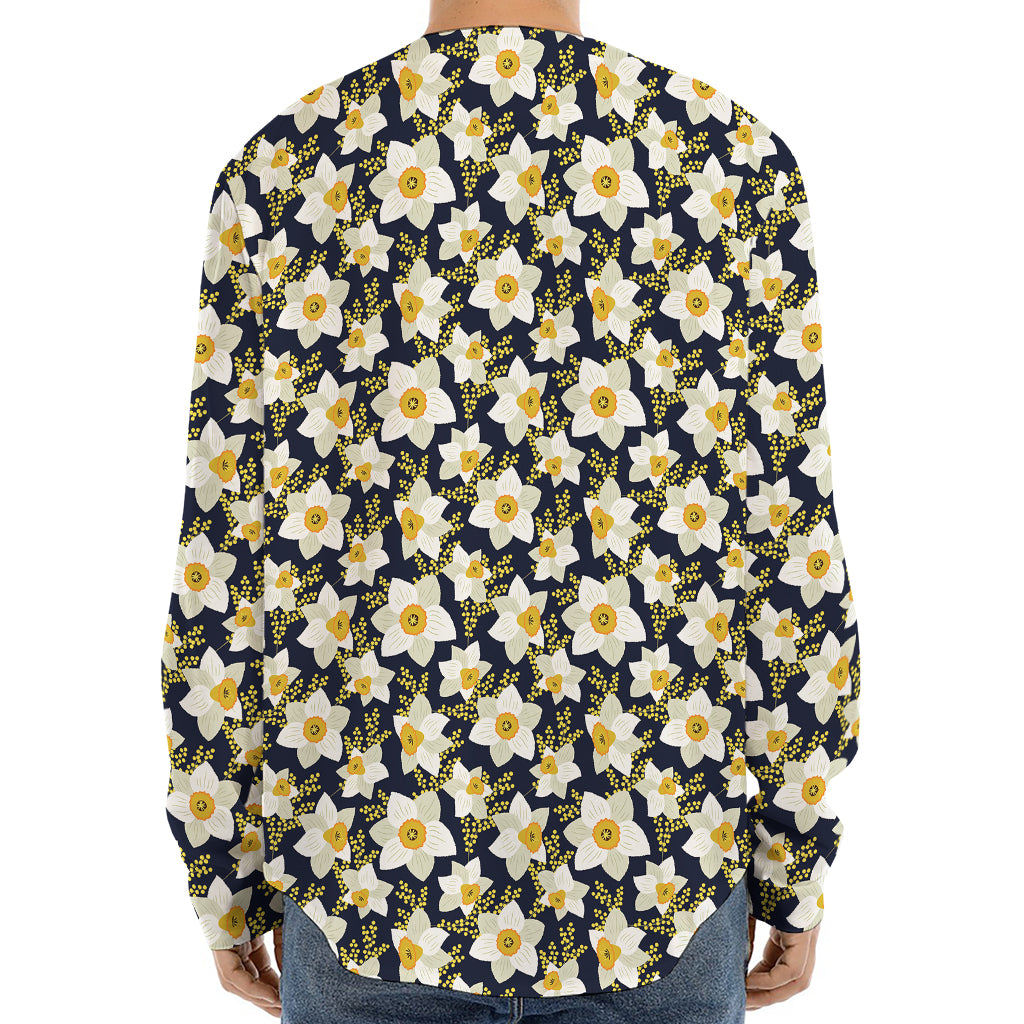 White Daffodil Flower Pattern Print Long Sleeve Baseball Jersey