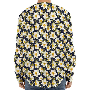 White Daffodil Flower Pattern Print Long Sleeve Baseball Jersey