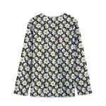 White Daffodil Flower Pattern Print Long Sleeve Short Coat