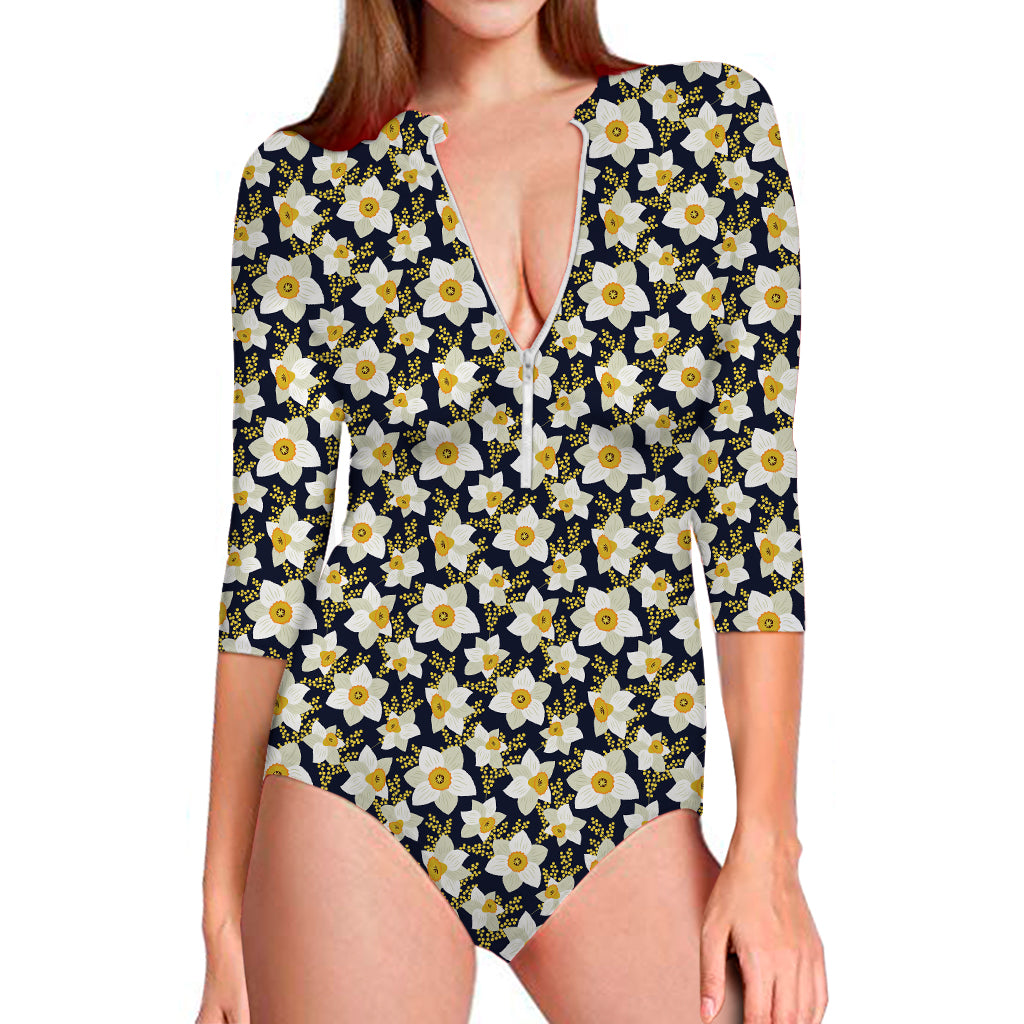 White Daffodil Flower Pattern Print Long Sleeve Swimsuit
