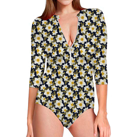 White Daffodil Flower Pattern Print Long Sleeve Swimsuit