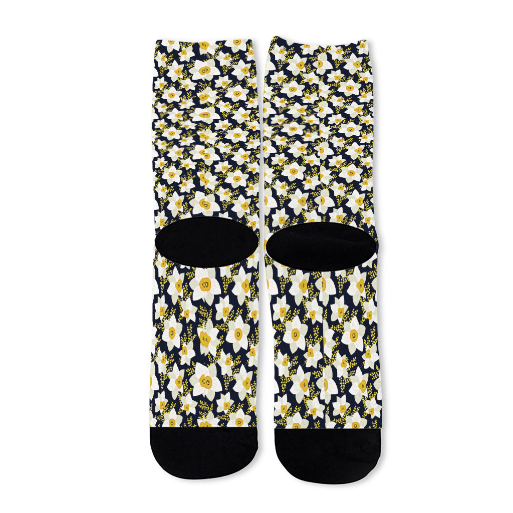 White Daffodil Flower Pattern Print Long Socks