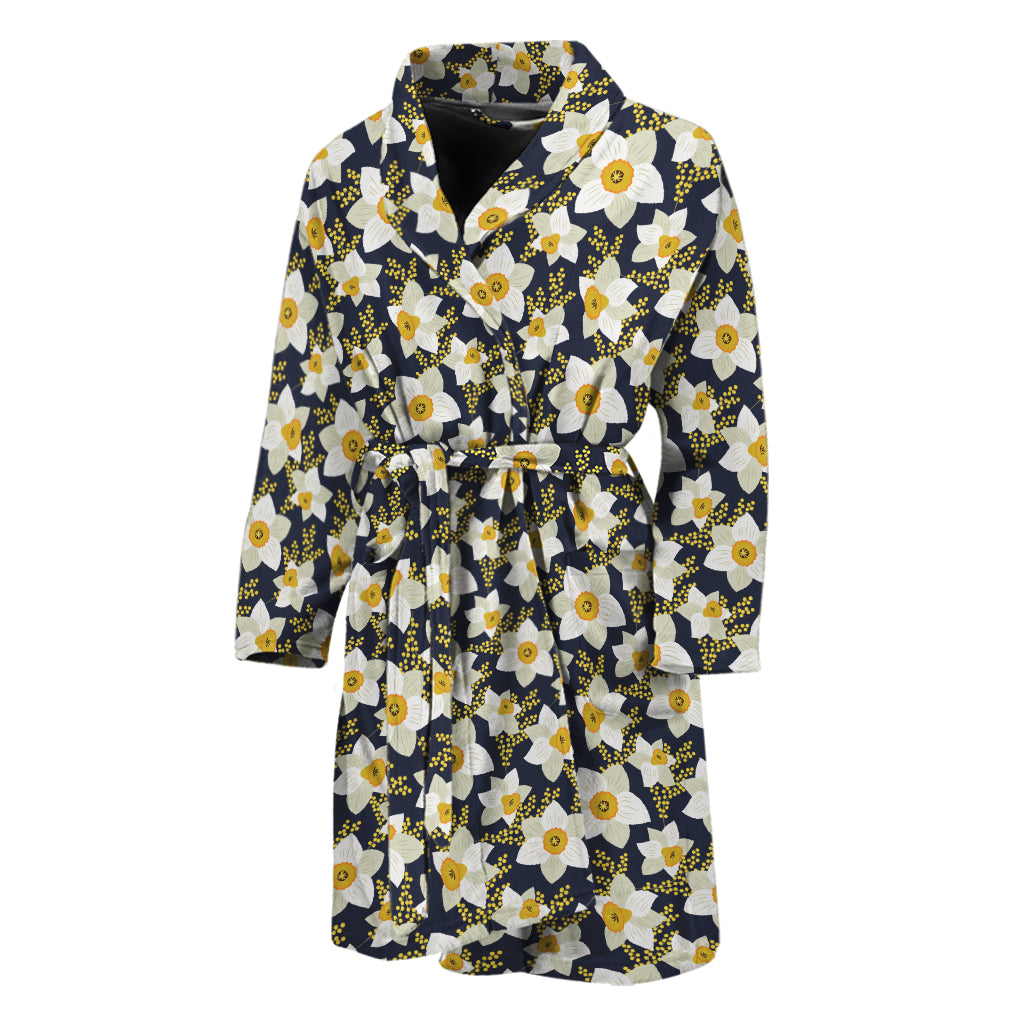 White Daffodil Flower Pattern Print Men's Bathrobe