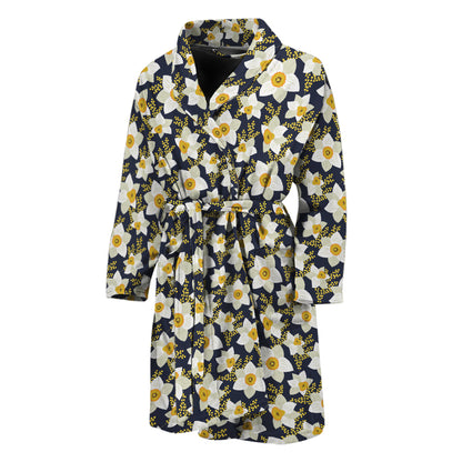 White Daffodil Flower Pattern Print Men's Bathrobe