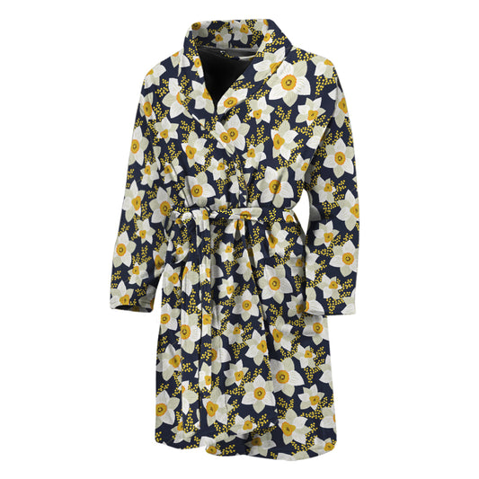White Daffodil Flower Pattern Print Men's Bathrobe
