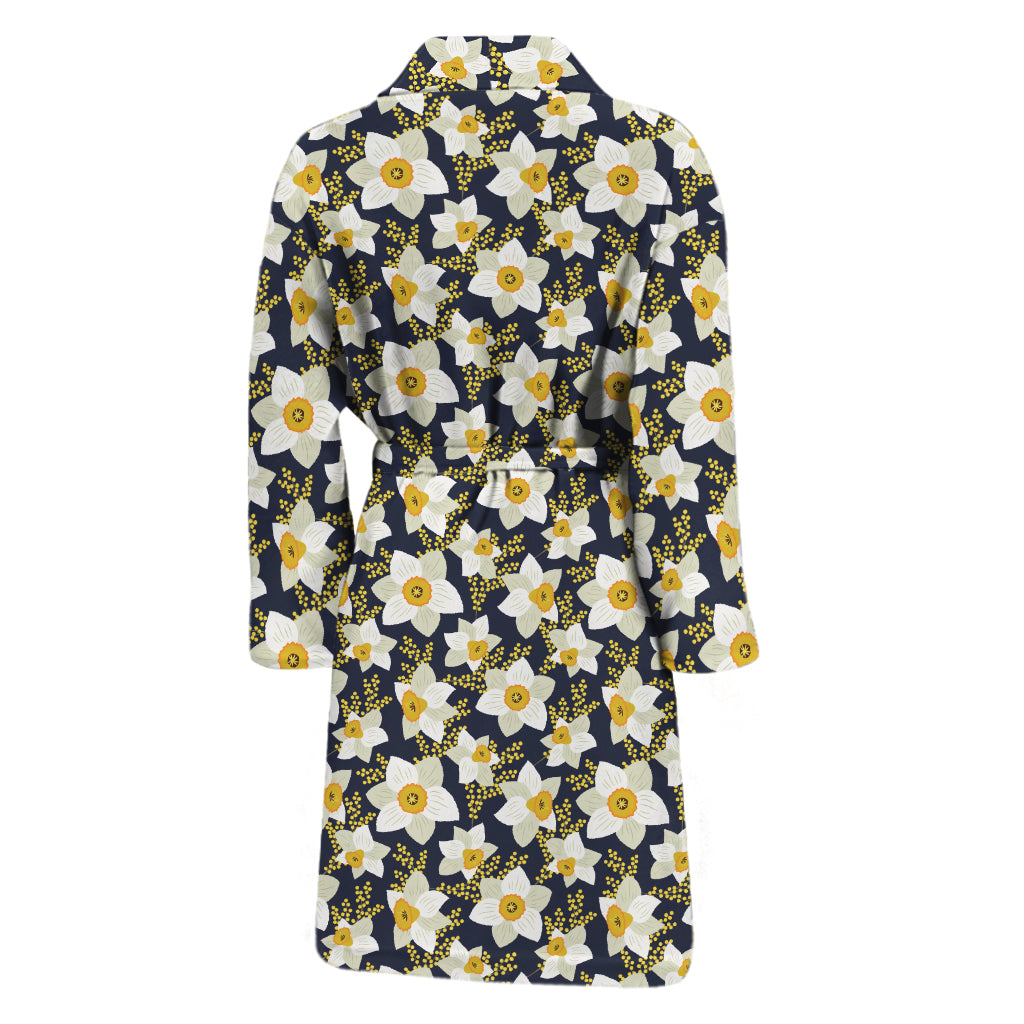White Daffodil Flower Pattern Print Men's Bathrobe