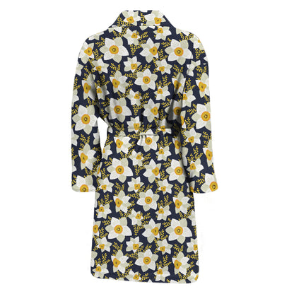 White Daffodil Flower Pattern Print Men's Bathrobe
