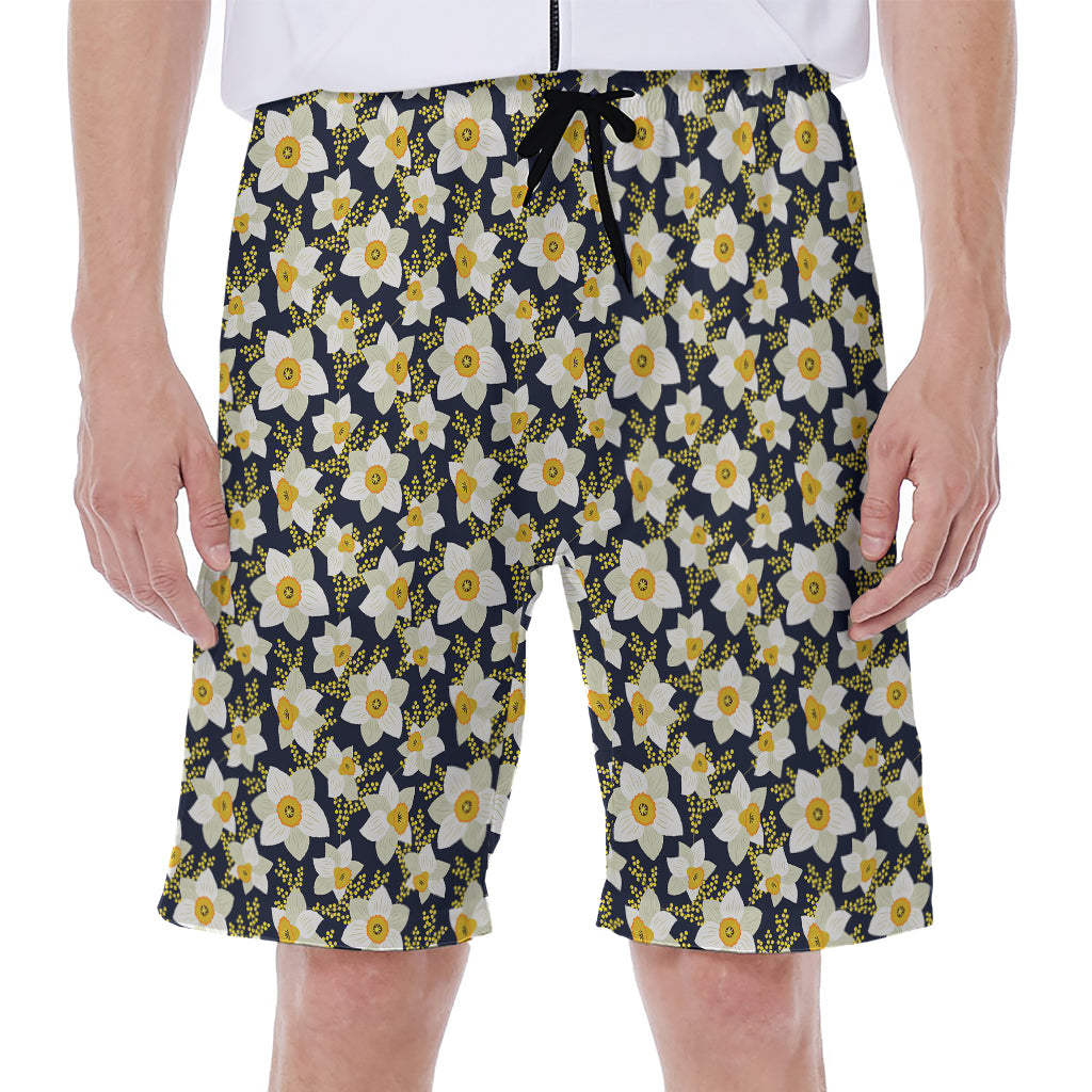 White Daffodil Flower Pattern Print Men's Beach Shorts
