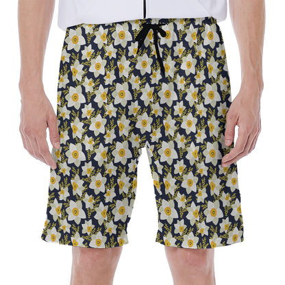 White Daffodil Flower Pattern Print Men's Beach Shorts