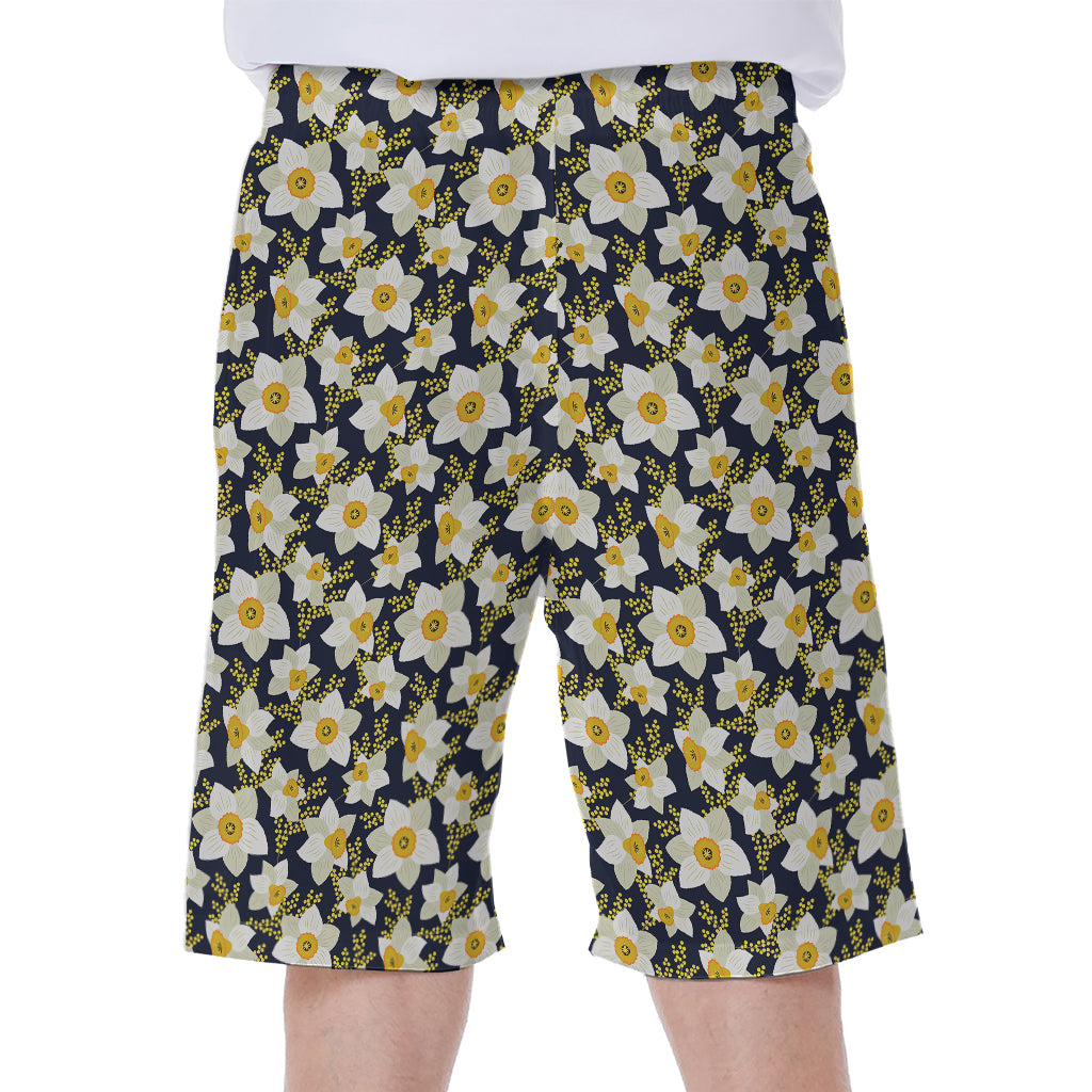 White Daffodil Flower Pattern Print Men's Beach Shorts