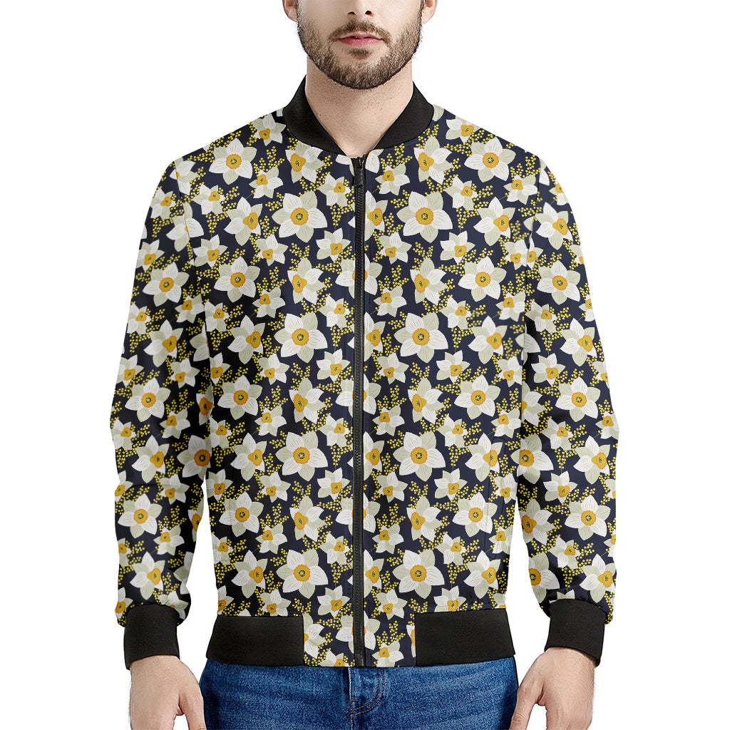 White Daffodil Flower Pattern Print Men's Bomber Jacket