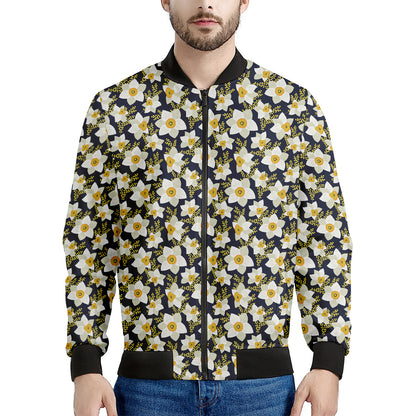White Daffodil Flower Pattern Print Men's Bomber Jacket