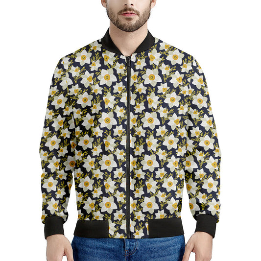 White Daffodil Flower Pattern Print Men's Bomber Jacket
