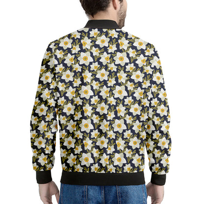 White Daffodil Flower Pattern Print Men's Bomber Jacket