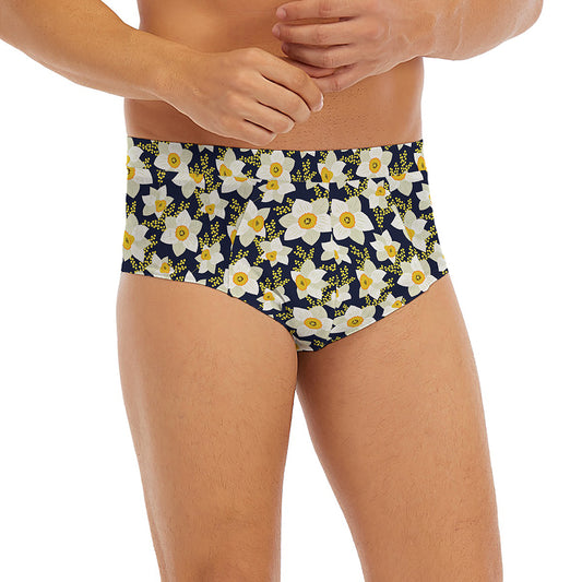 White Daffodil Flower Pattern Print Men's Briefs