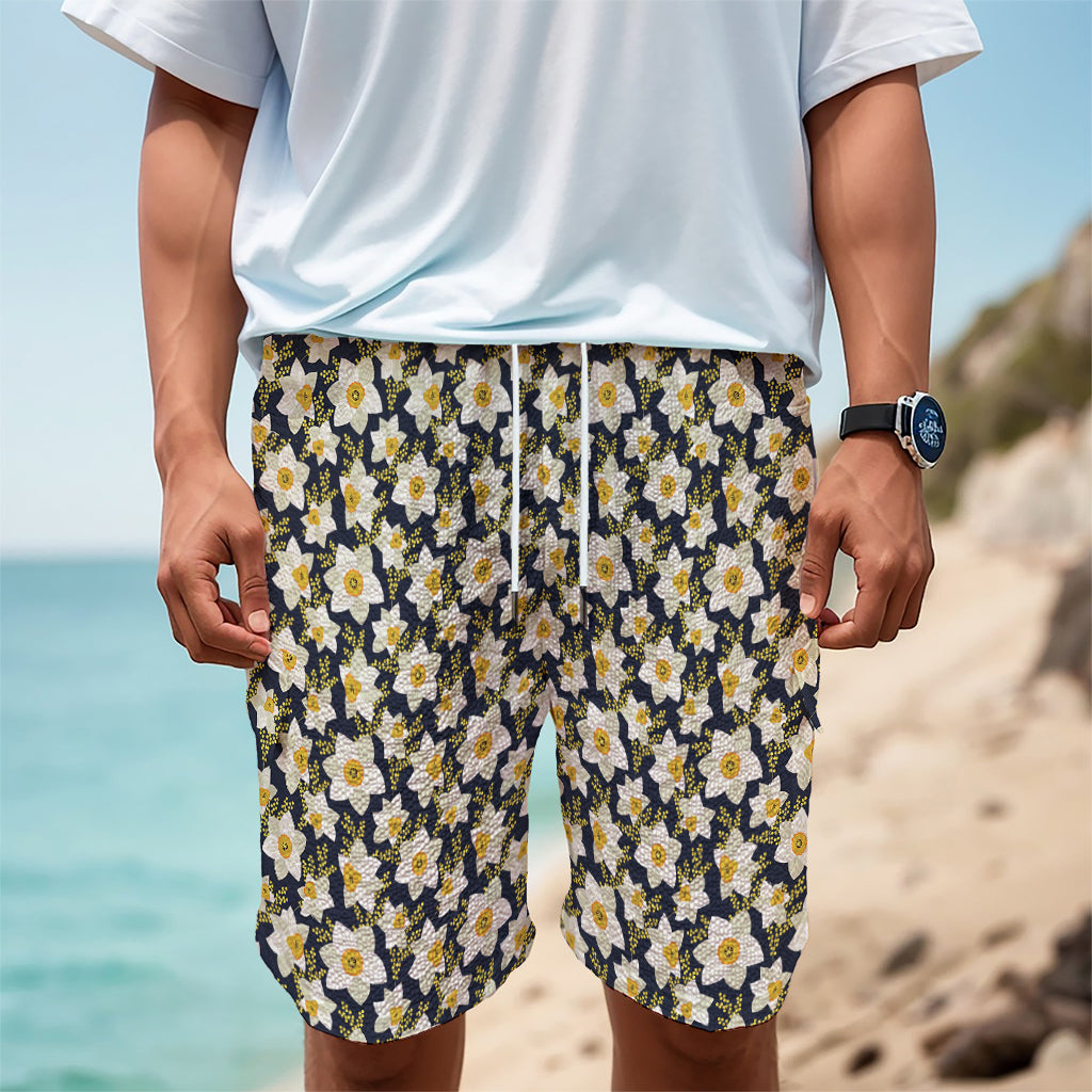 White Daffodil Flower Pattern Print Men's Cargo Shorts
